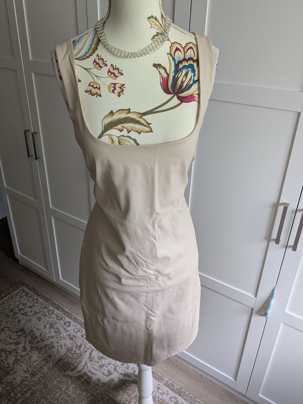 Revamped Sleeveless Scoop-Neck Mini Dress — Leather Like Beige